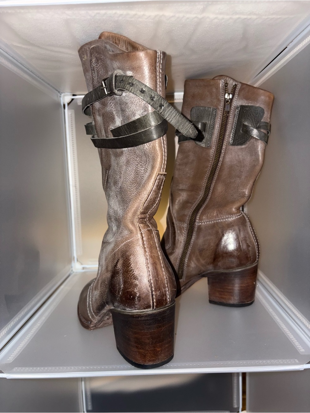 Freebird by Steven Distressed Brown Leather Mid-Calf Heeled Boots - Picture 2 of 5